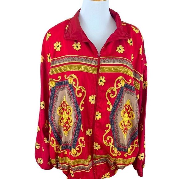 Vintage red and gold floral print windbreaker - Picture 1 of 8